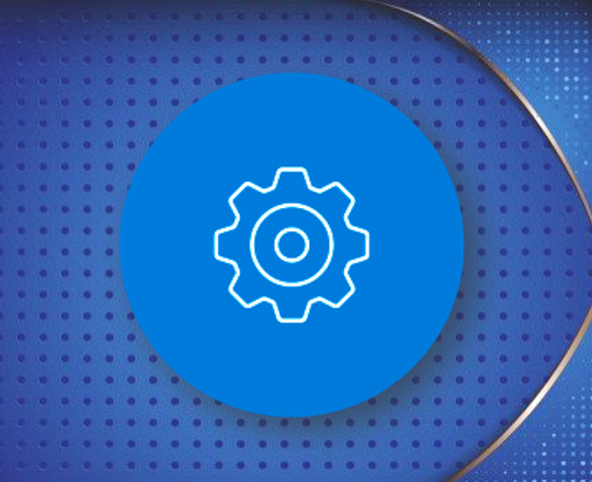 A gear icon on a blue circle