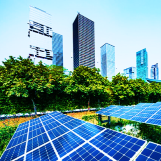 A view of solar panels and tall buildings